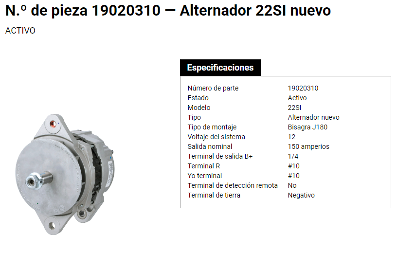 19020310P – ALTERNADOR 22SI 12V 150A DELCO REMY 3 OREJAS KW, F.L. INTERNATIONAL TORINO REMAN 61009225