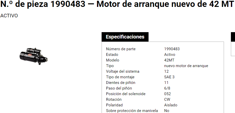 1990483P – MARCHA 42MT 12V. DELCO REMY 11 DIENTES NUEVA 8300000 1990490