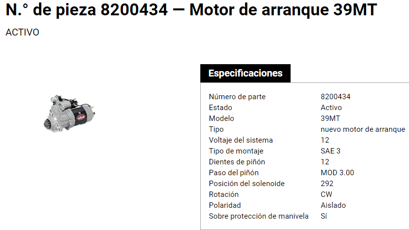 8200434P – MARCHA 39MT 12 V 12 DIENTES M.B. OM460 CASCADIA DD13 DD15 DD16 ANTES DEL 2015